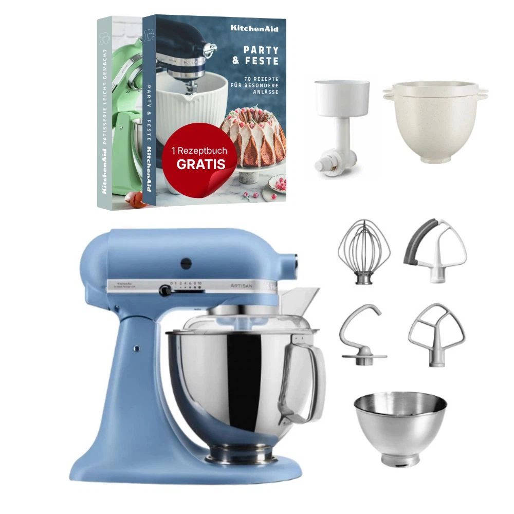 KitchenAid 4,8 L 5KSM175 Artisan Küchenmaschine Breadlover mit Messerschmidt Getreidemühlenvorsatz + Brotbackschüssel-Velvet Blue