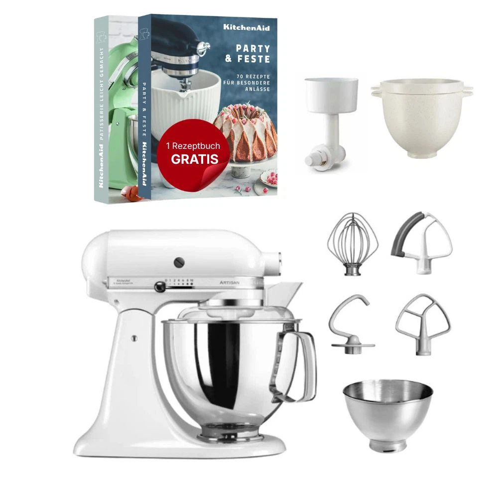 KitchenAid 4,8 L 5KSM175 Artisan Küchenmaschine Breadlover mit Messerschmidt Getreidemühlenvorsatz + Brotbackschüssel-Weiß