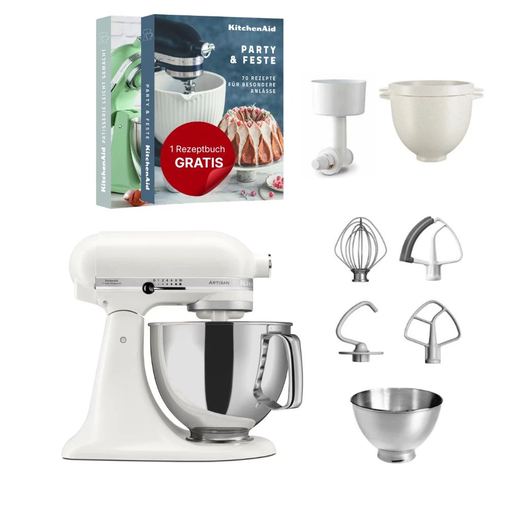 KitchenAid 4,8 L 5KSM175 Artisan Küchenmaschine Breadlover mit Messerschmidt Getreidemühlenvorsatz + Brotbackschüssel-Porcelain White
