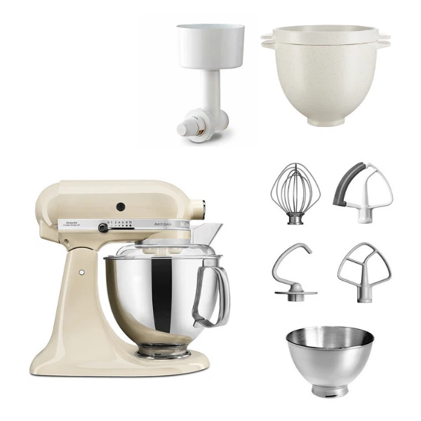 KitchenAid 4,8 L 5KSM175 Artisan Küchenmaschine Breadlover mit Messerschmidt Getreidemühlenvorsatz + Brotbackschüssel-Crème