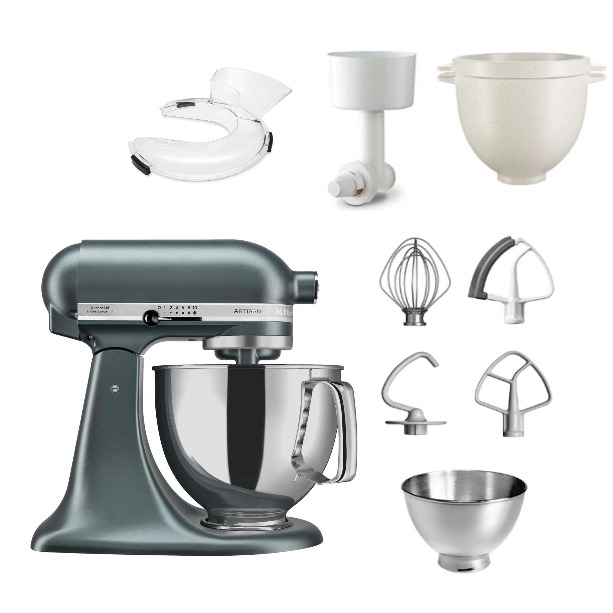 KitchenAid 4,8 L 5KSM175 Artisan Küchenmaschine Breadlover mit Messerschmidt Getreidemühlenvorsatz + Brotbackschüssel-Juniper (Wacholder)