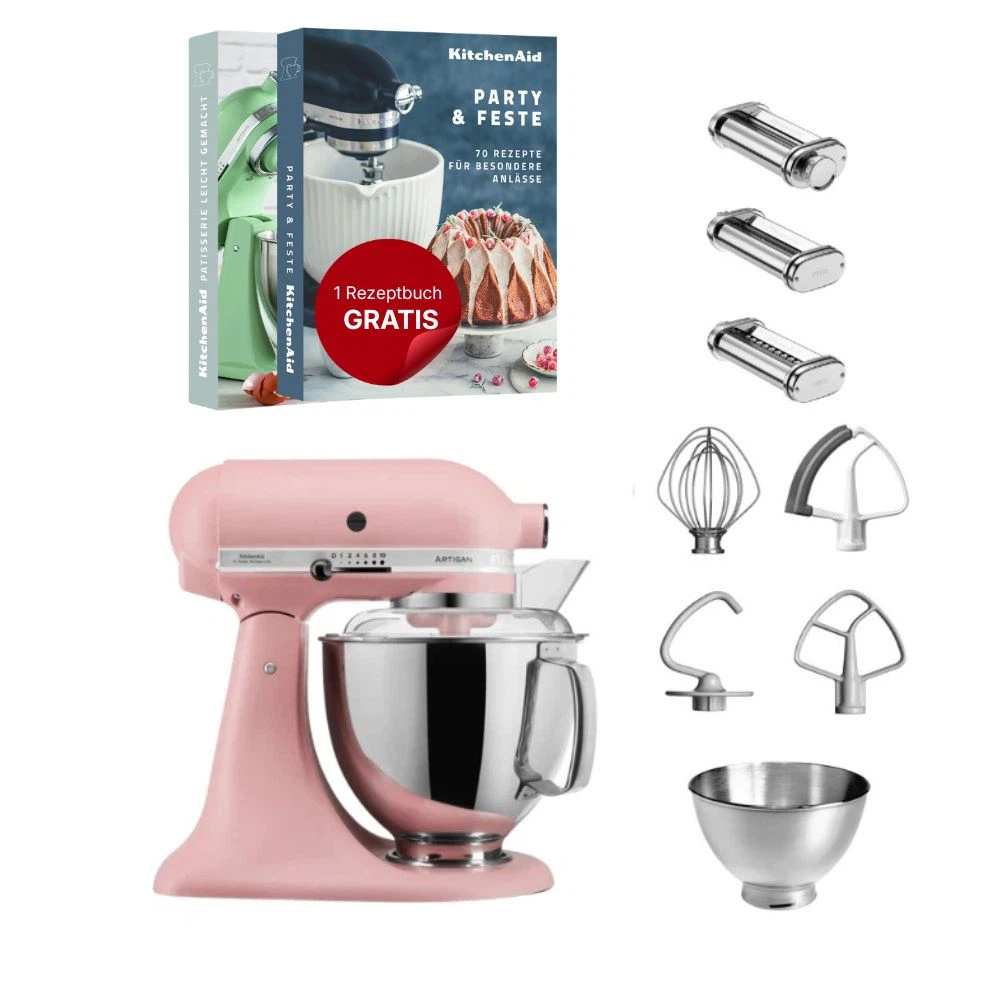 KitchenAid 4,8 L 5KSM175 Artisan Küchenmaschine Pastalover mit Nudelwalzen 3er- Set-Altrosa