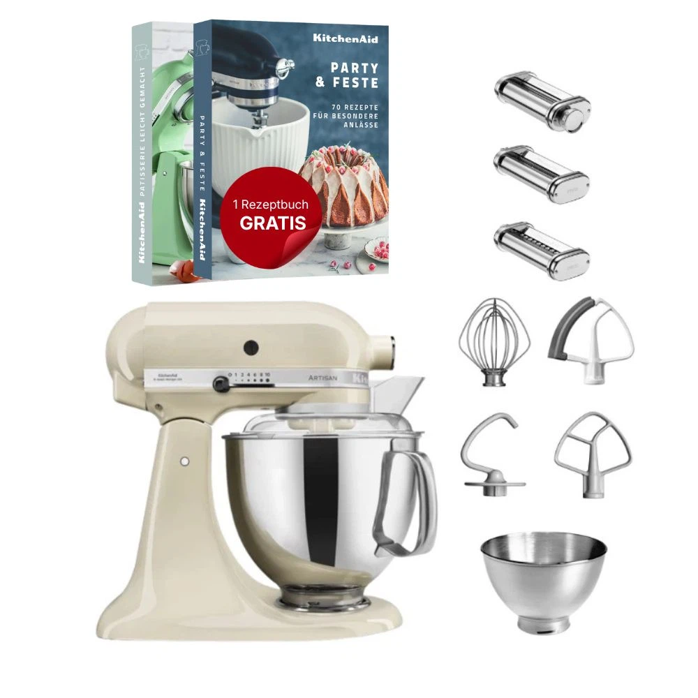 KitchenAid 4,8 L 5KSM175 Artisan Küchenmaschine Pastalover mit Nudelwalzen 3er- Set-Crème