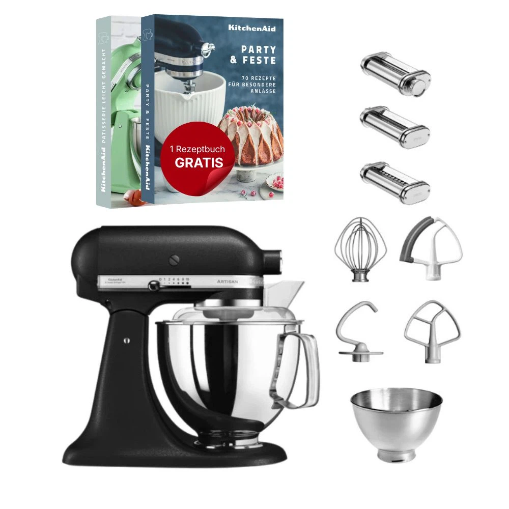 KitchenAid 4,8 L 5KSM175 Artisan Küchenmaschine Pastalover mit Nudelwalzen 3er- Set-Gusseisen Schwarz