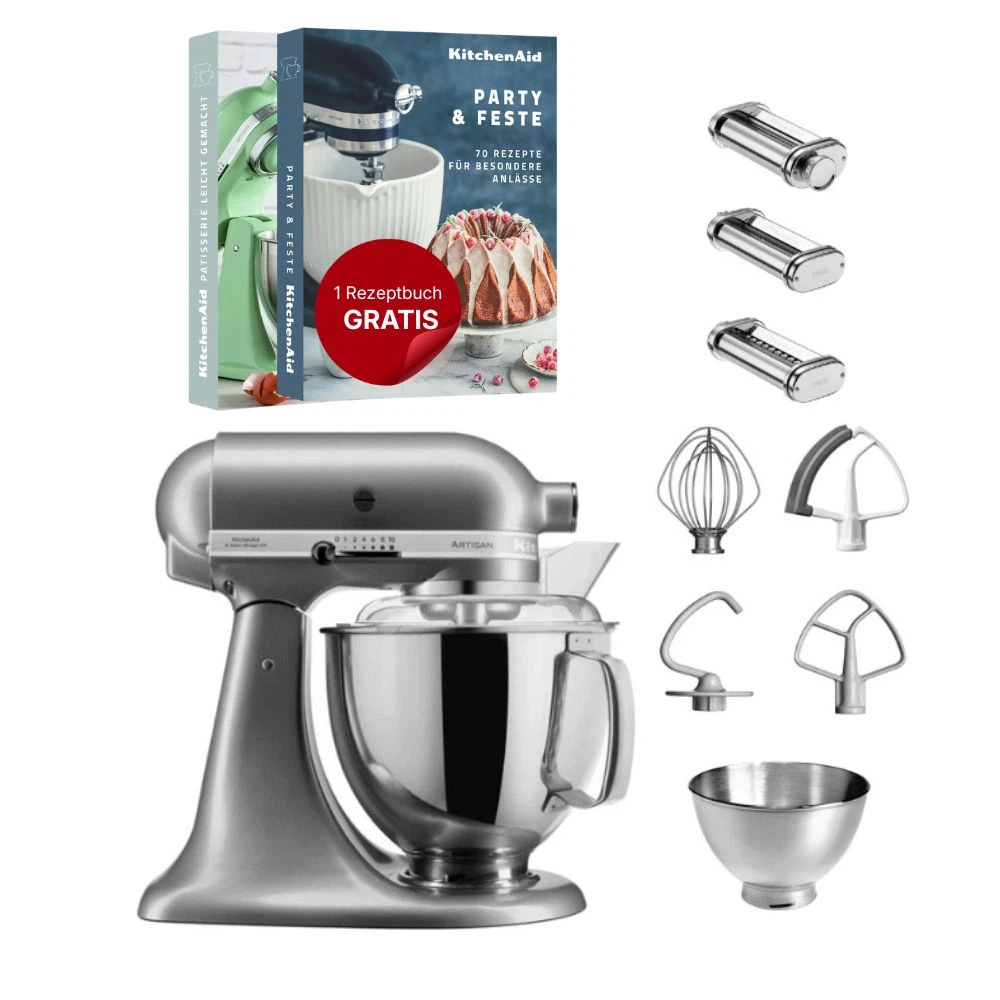 KitchenAid 4,8 L 5KSM175 Artisan Küchenmaschine Pastalover mit Nudelwalzen 3er- Set-Kontur Silber