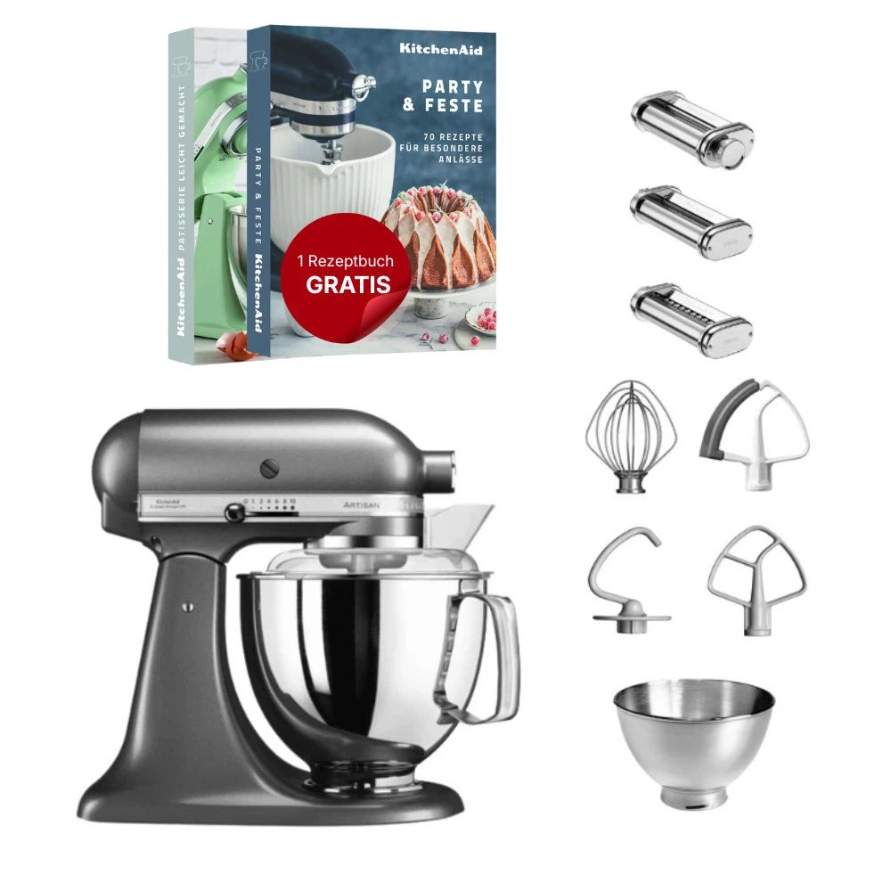 KitchenAid 4,8 L 5KSM175 Artisan Küchenmaschine Pastalover mit Nudelwalzen 3er- Set-Medaillon Silber