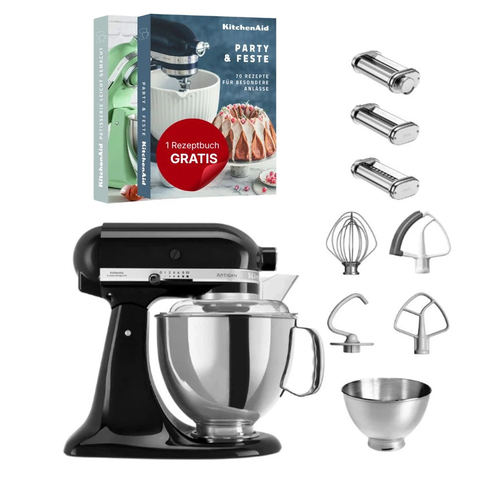 KitchenAid 4,8 L 5KSM175 Artisan Küchenmaschine Pastalover mit Nudelwalzen 3er- Set-Onyx Schwarz