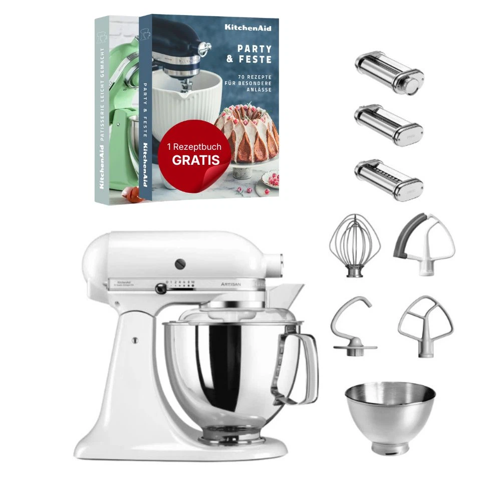 KitchenAid 4,8 L 5KSM175 Artisan Küchenmaschine Pastalover mit Nudelwalzen 3er- Set-Weiß