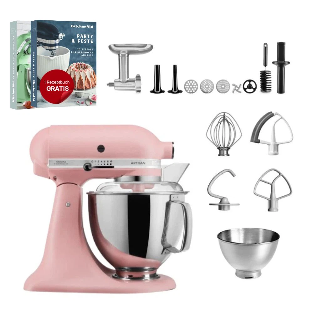 KitchenAid 4,8 L 5KSM175 Artisan Küchenmaschine Meatlover mit Ganzmetall- Fleischwolf-Altrosa