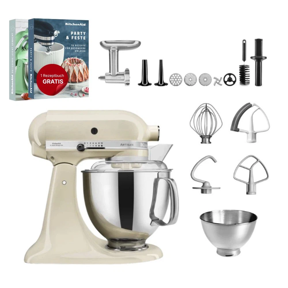 KitchenAid 4,8 L 5KSM175 Artisan Küchenmaschine Meatlover mit Ganzmetall- Fleischwolf-Crème