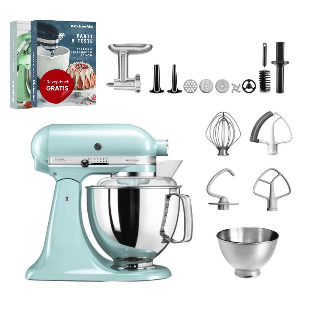 KitchenAid 4,8 L 5KSM175 Artisan Küchenmaschine Meatlover mit Ganzmetall- Fleischwolf-Eisblau