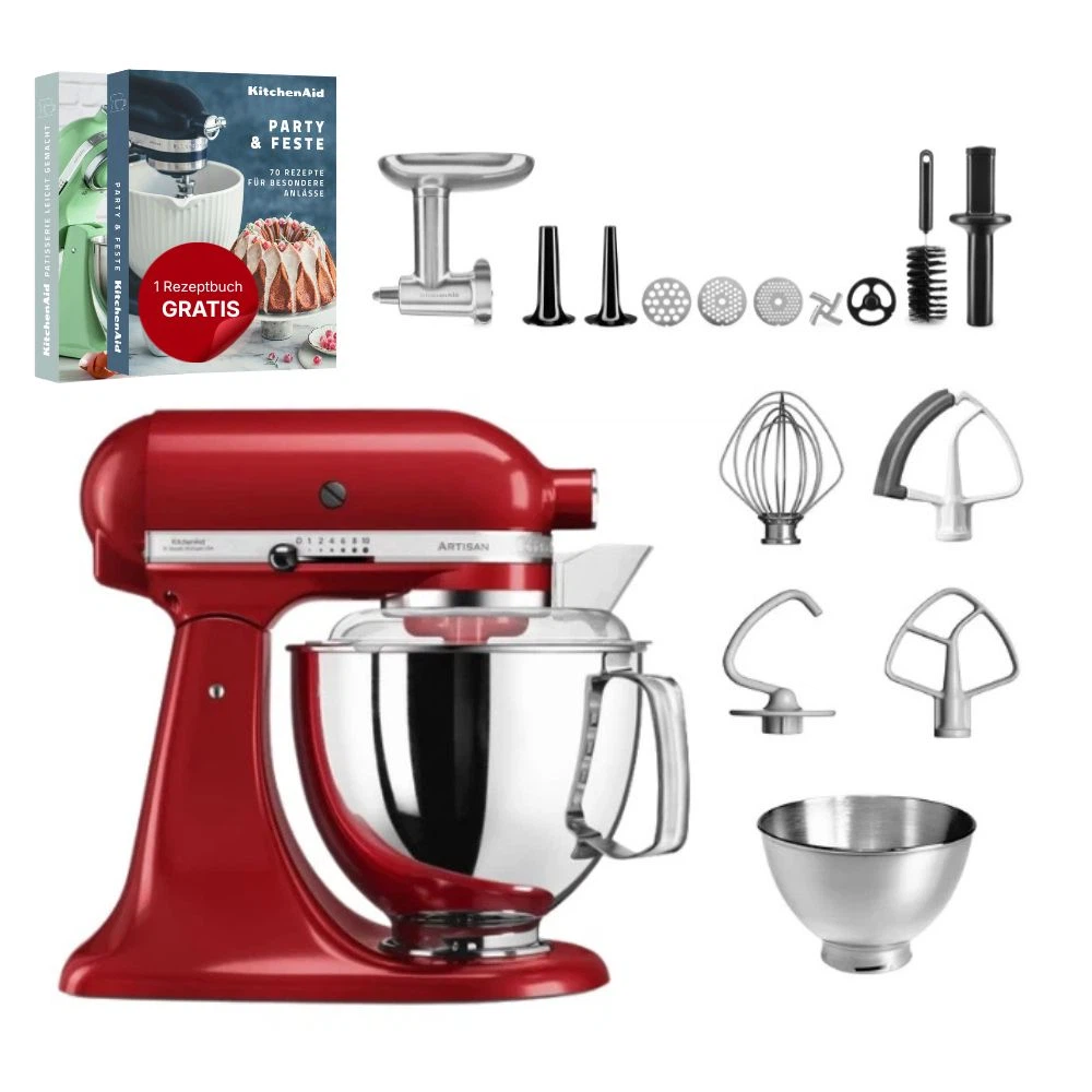 KitchenAid 4,8 L 5KSM175 Artisan Küchenmaschine Meatlover mit Ganzmetall- Fleischwolf-Empire Rot