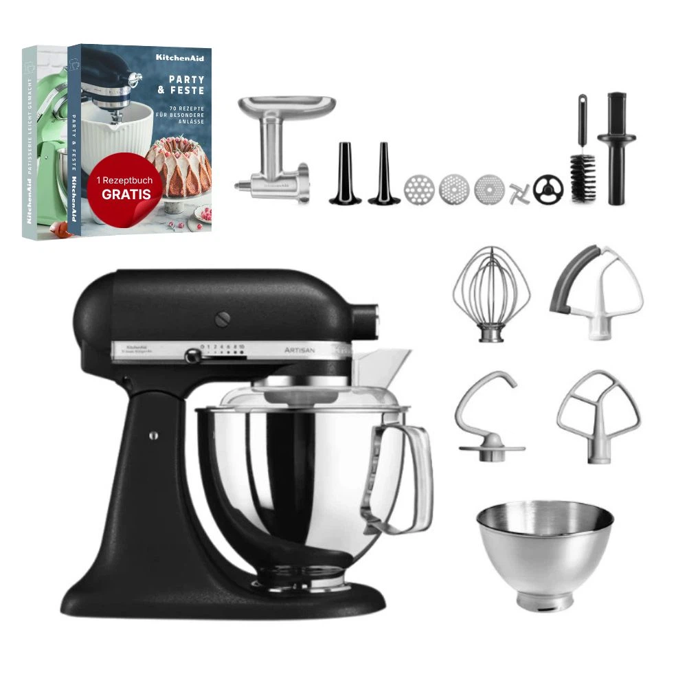 KitchenAid 4,8 L 5KSM175 Artisan Küchenmaschine Meatlover mit Ganzmetall- Fleischwolf-Gusseisen Schwarz