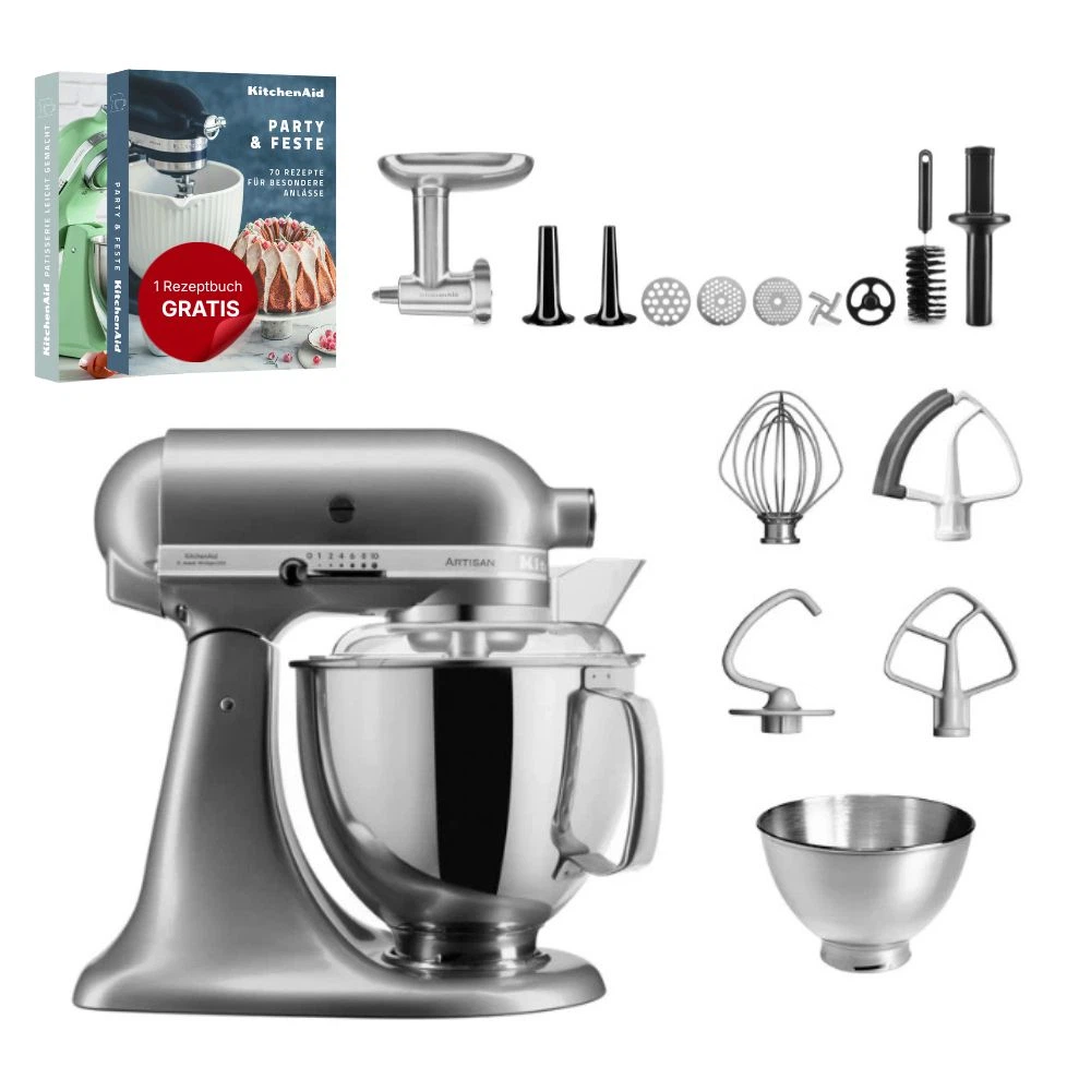 KitchenAid 4,8 L 5KSM175 Artisan Küchenmaschine Meatlover mit Ganzmetall- Fleischwolf-Kontur Silber