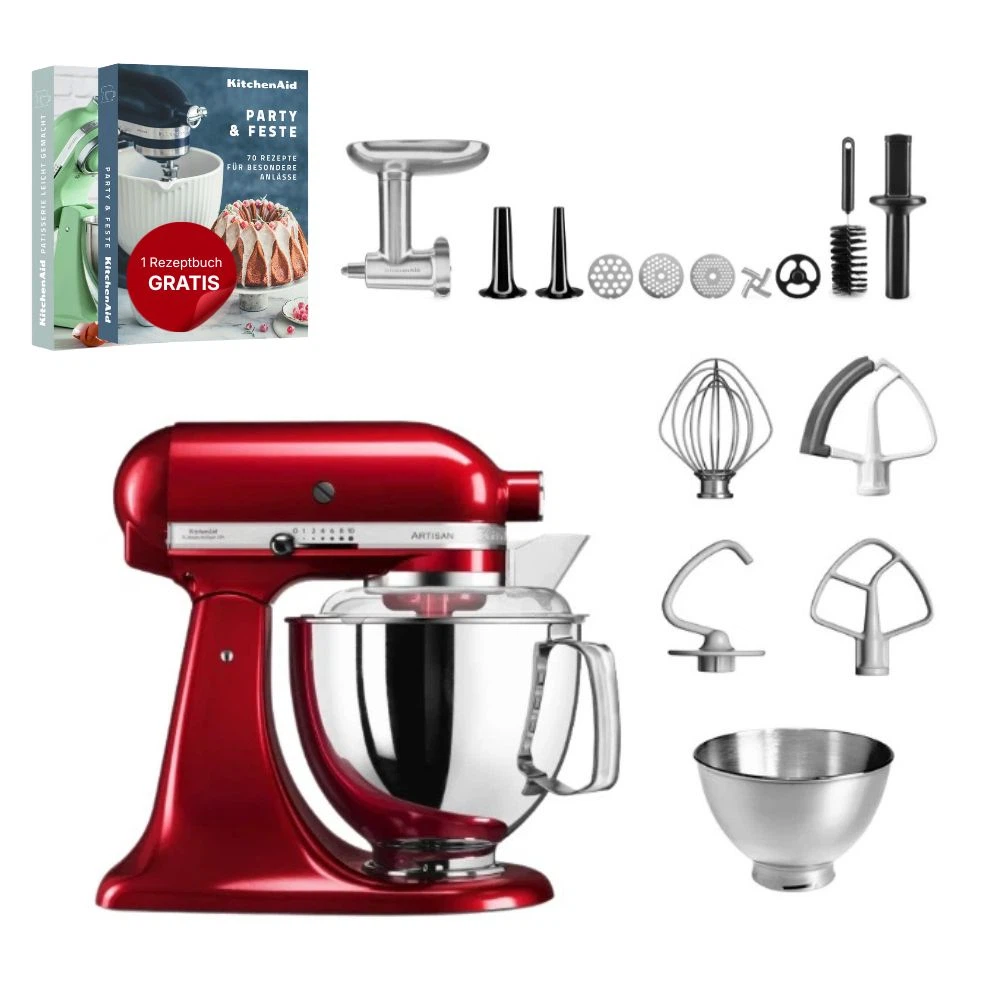 KitchenAid 4,8 L 5KSM175 Artisan Küchenmaschine Meatlover mit Ganzmetall- Fleischwolf-Liebesapfel Rot