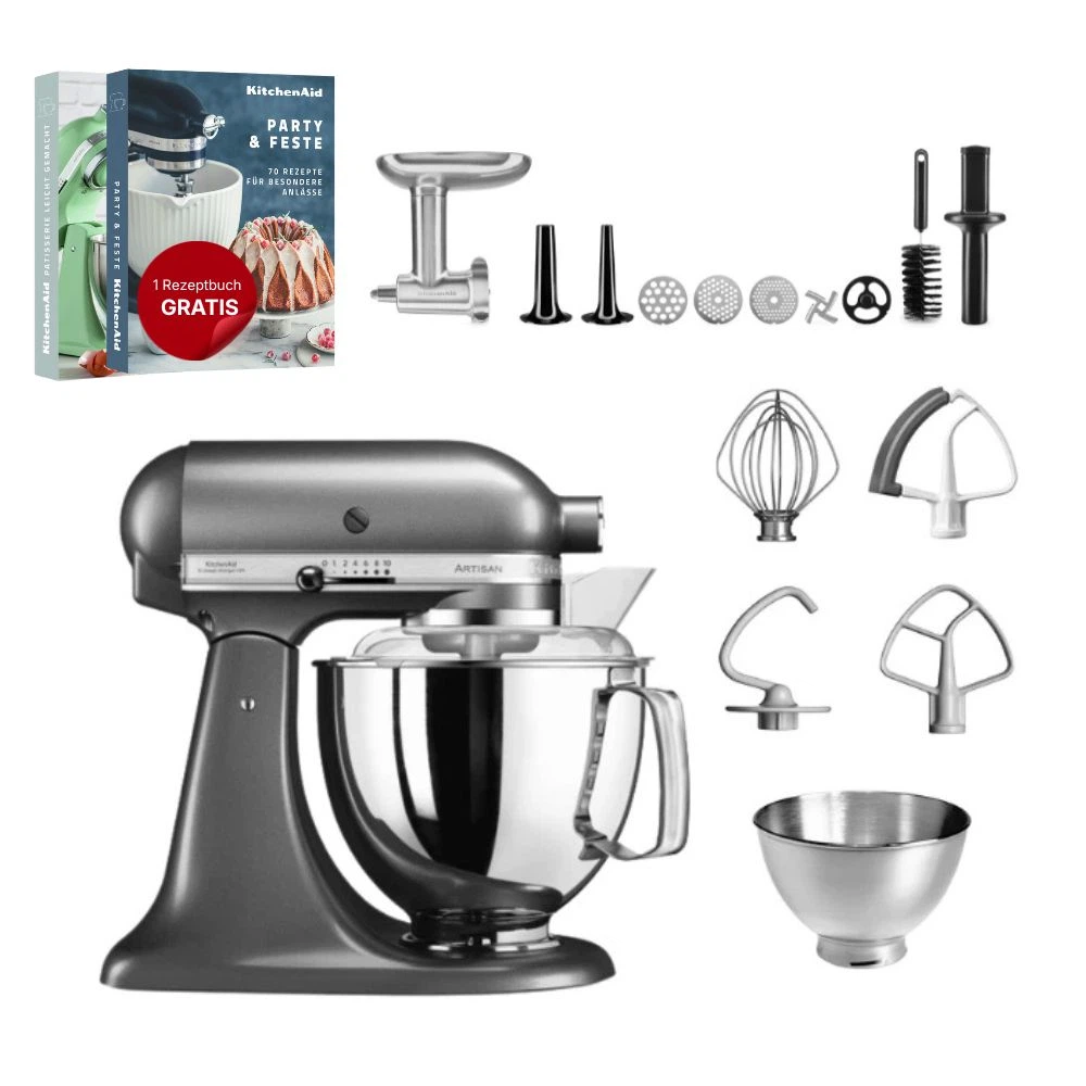 KitchenAid 4,8 L 5KSM175 Artisan Küchenmaschine Meatlover mit Ganzmetall- Fleischwolf-Medaillon Silber