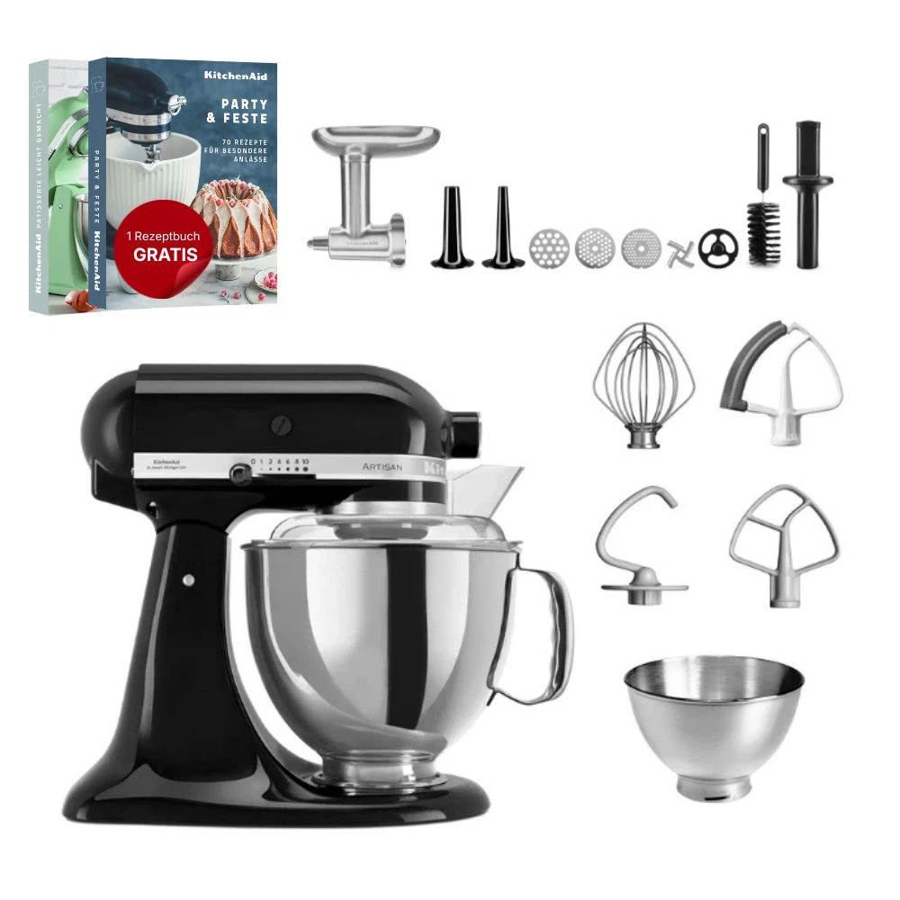 KitchenAid 4,8 L 5KSM175 Artisan Küchenmaschine Meatlover mit Ganzmetall- Fleischwolf-Onyx Schwarz