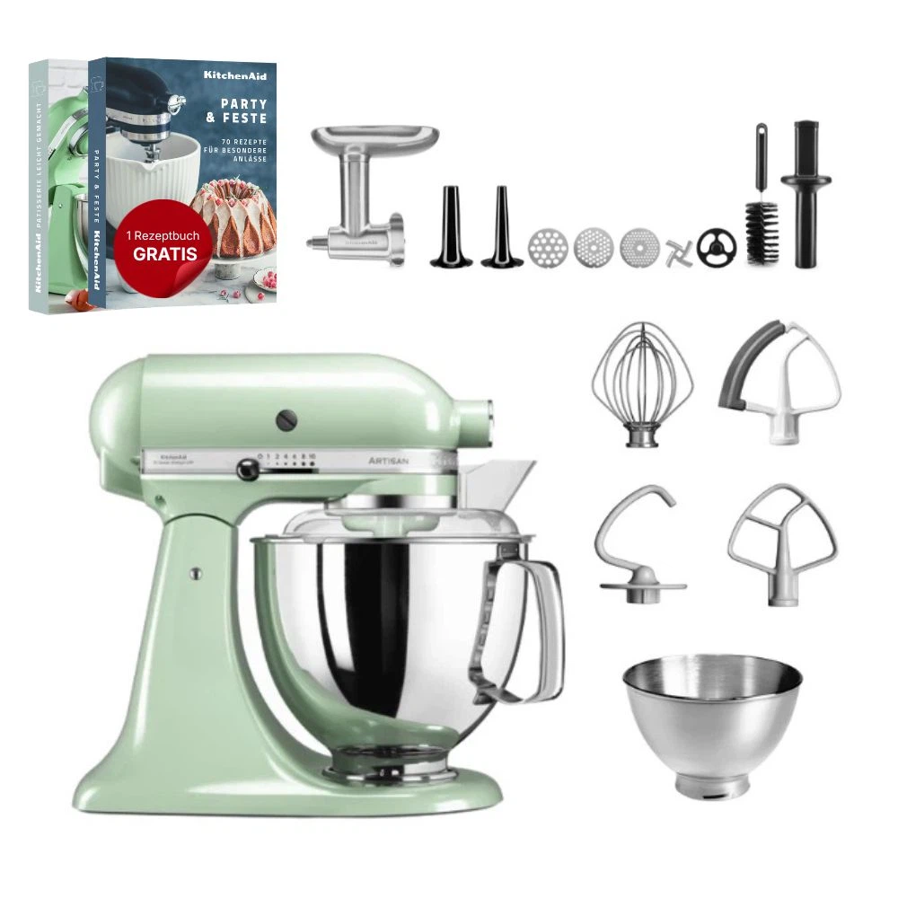 KitchenAid 4,8 L 5KSM175 Artisan Küchenmaschine Meatlover mit Ganzmetall- Fleischwolf-Pistazie