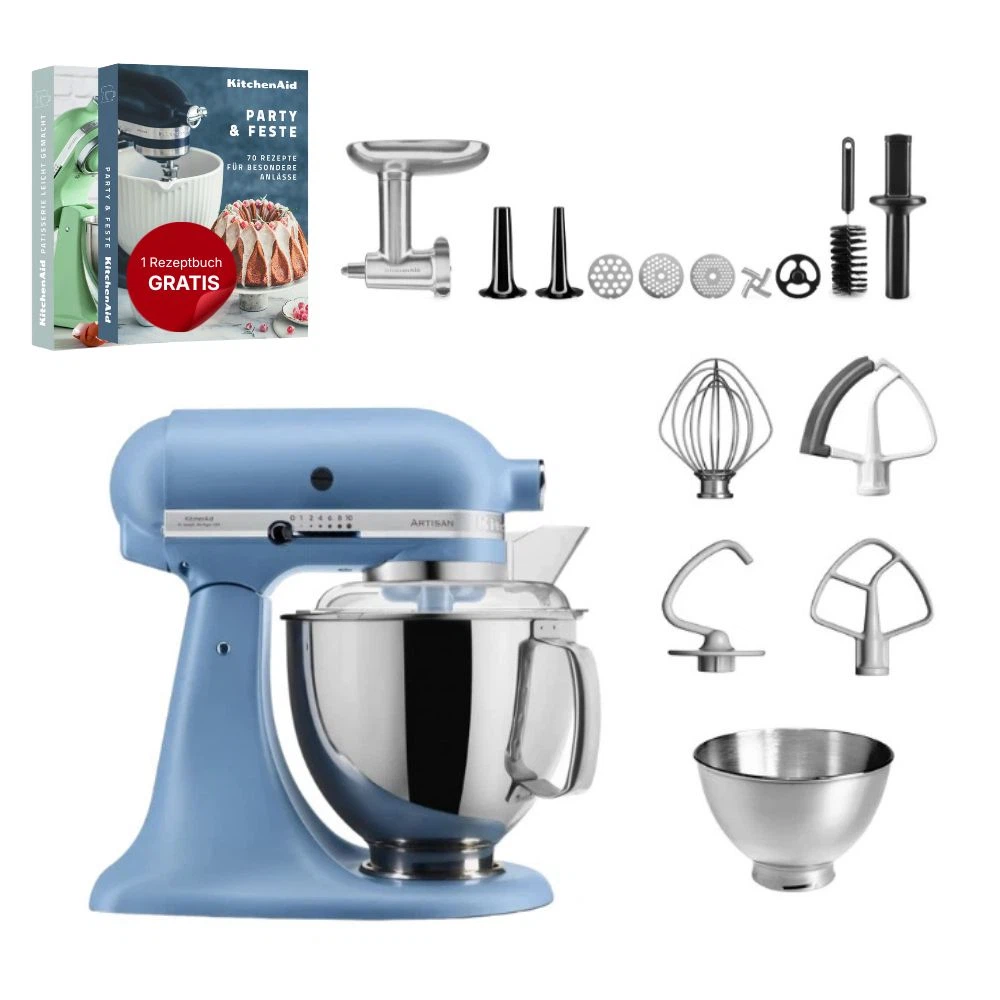 KitchenAid 4,8 L 5KSM175 Artisan Küchenmaschine Meatlover mit Ganzmetall- Fleischwolf-Velvet Blue