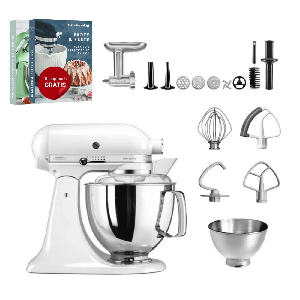 KitchenAid 4,8 L 5KSM175 Artisan Küchenmaschine Meatlover mit Ganzmetall- Fleischwolf-Weiß