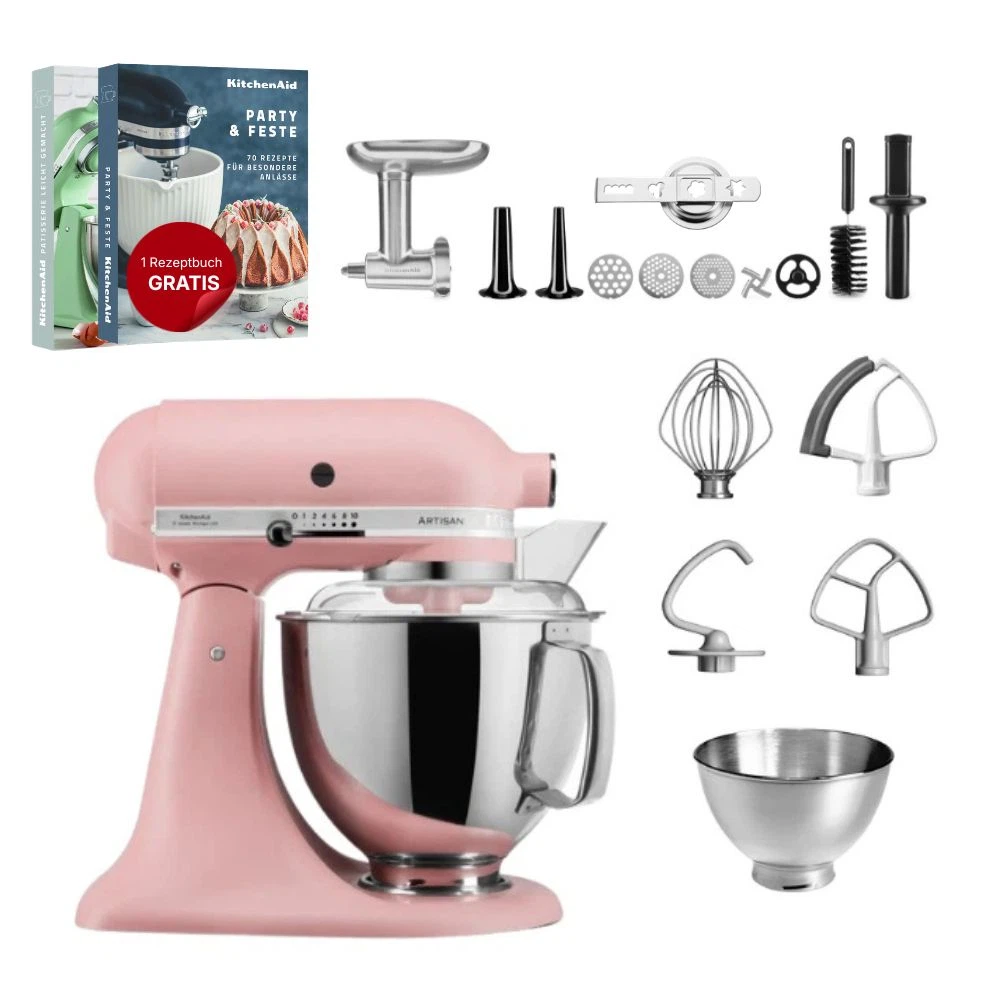 KitchenAid 4,8 L 5KSM175 Artisan Küchenmaschine Meatlover mit Ganzmetall- Fleischwolf und Spritzgebäckvorsatz-Altrosa