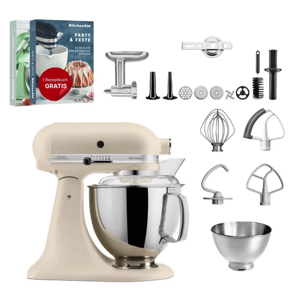 KitchenAid 4,8 L 5KSM175 Artisan Küchenmaschine Meatlover mit Ganzmetall- Fleischwolf und Spritzgebäckvorsatz-Fresh Linen