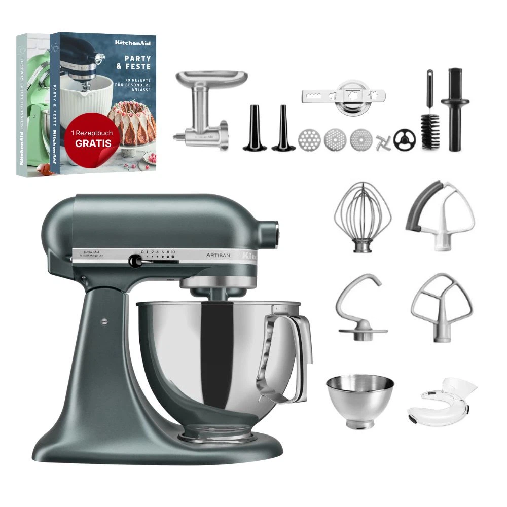KitchenAid 4,8 L 5KSM175 Artisan Küchenmaschine Meatlover mit Ganzmetall- Fleischwolf und Spritzgebäckvorsatz-Juniper (Wacholder)