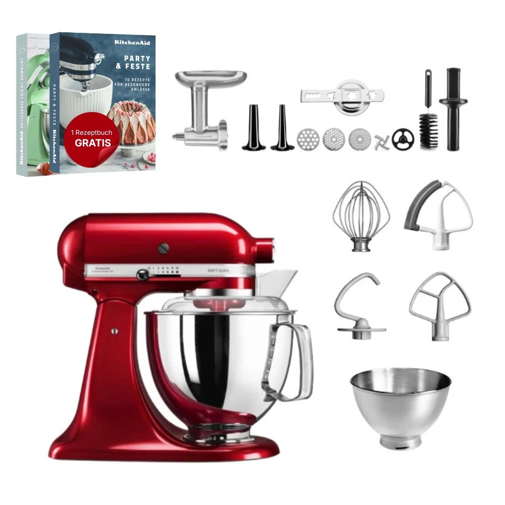 KitchenAid 4,8 L 5KSM175 Artisan Küchenmaschine Meatlover mit Ganzmetall- Fleischwolf und Spritzgebäckvorsatz-Liebesapfel Rot