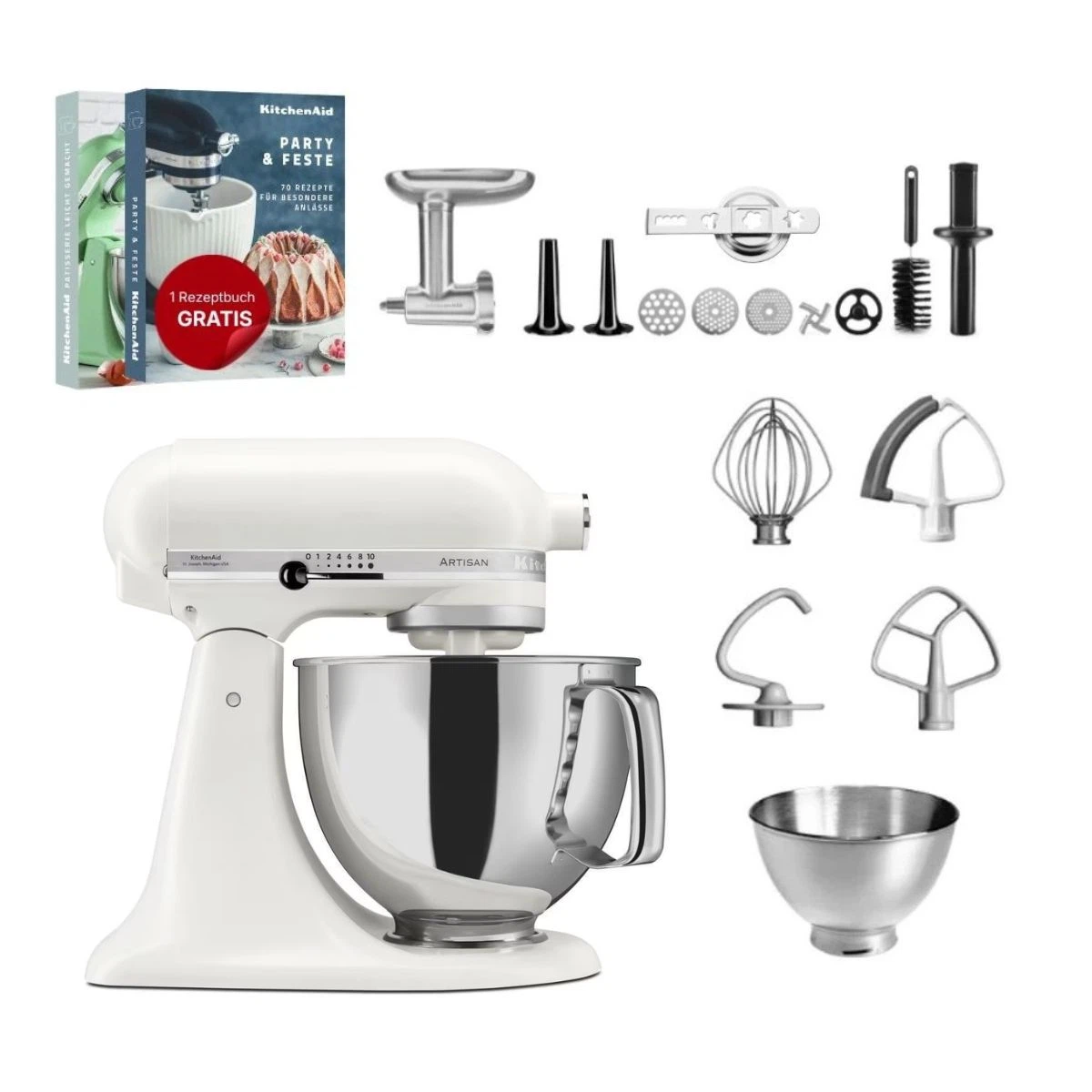KitchenAid 4,8 L 5KSM175 Artisan Küchenmaschine Meatlover mit Ganzmetall- Fleischwolf und Spritzgebäckvorsatz-Porcelain White