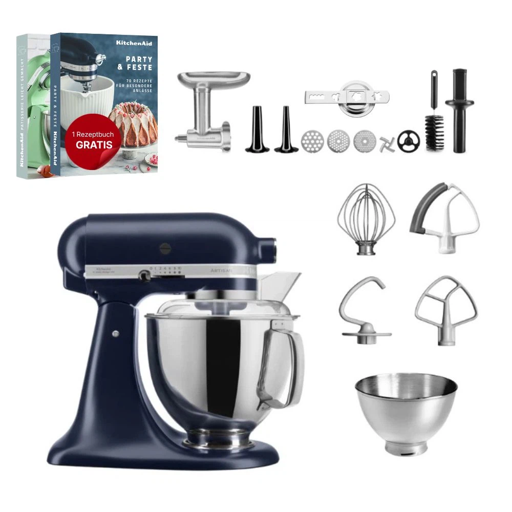 KitchenAid 4,8 L 5KSM175 Artisan Küchenmaschine Meatlover mit Ganzmetall- Fleischwolf und Spritzgebäckvorsatz-Tintenblau