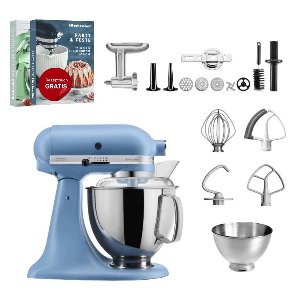 KitchenAid 4,8 L 5KSM175 Artisan Küchenmaschine Meatlover mit Ganzmetall- Fleischwolf und Spritzgebäckvorsatz-Velvet Blue