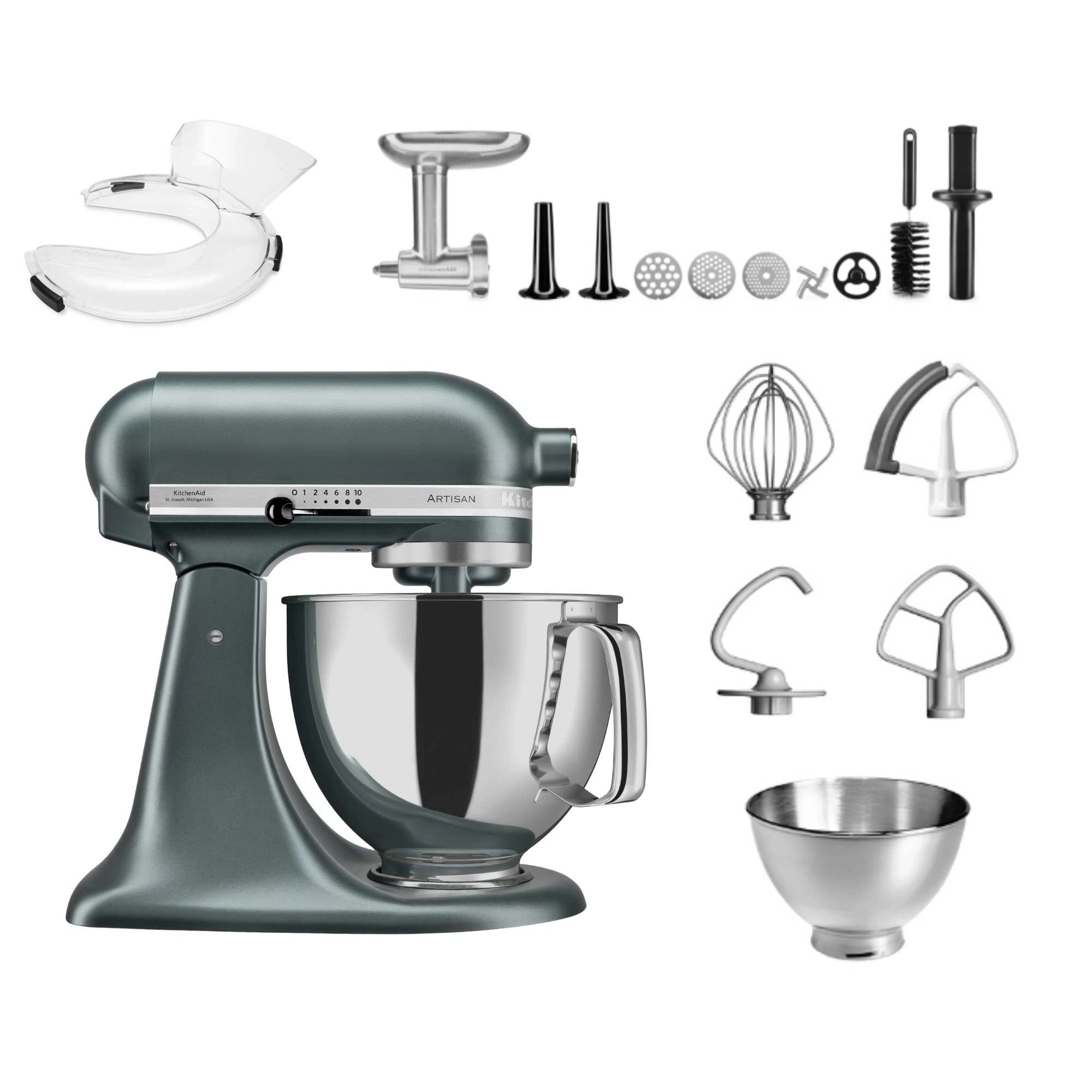 KitchenAid 4,8 L 5KSM175 Artisan Küchenmaschine Meatlover mit Ganzmetall- Fleischwolf und Spritzgebäckvorsatz-Juniper (Wacholder)