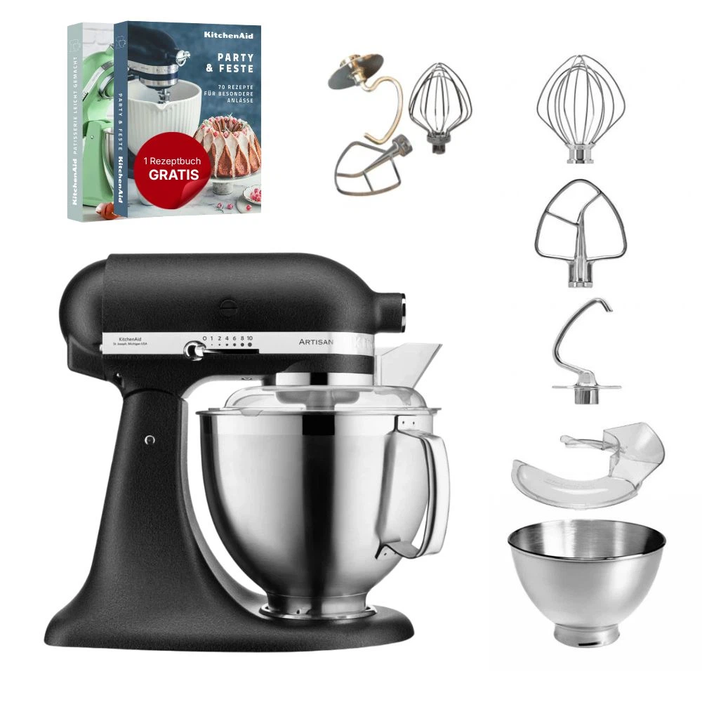 KitchenAid 4,8 L 5KSM185 Artisan Küchenmaschine Tschimmlover TschimmWhip,TschimmHook,TschimmBeat-Gusseisen Schwarz