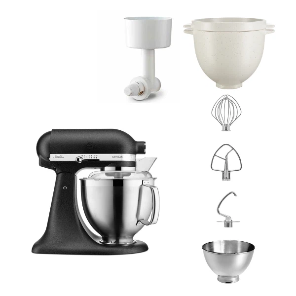 KitchenAid 4,8 L 5KSM185 Artisan Küchenmaschine Breadlover Messerschmidt Getreidemühlenvorsatz, Brotbackschüssel-Gusseisen Schwarz