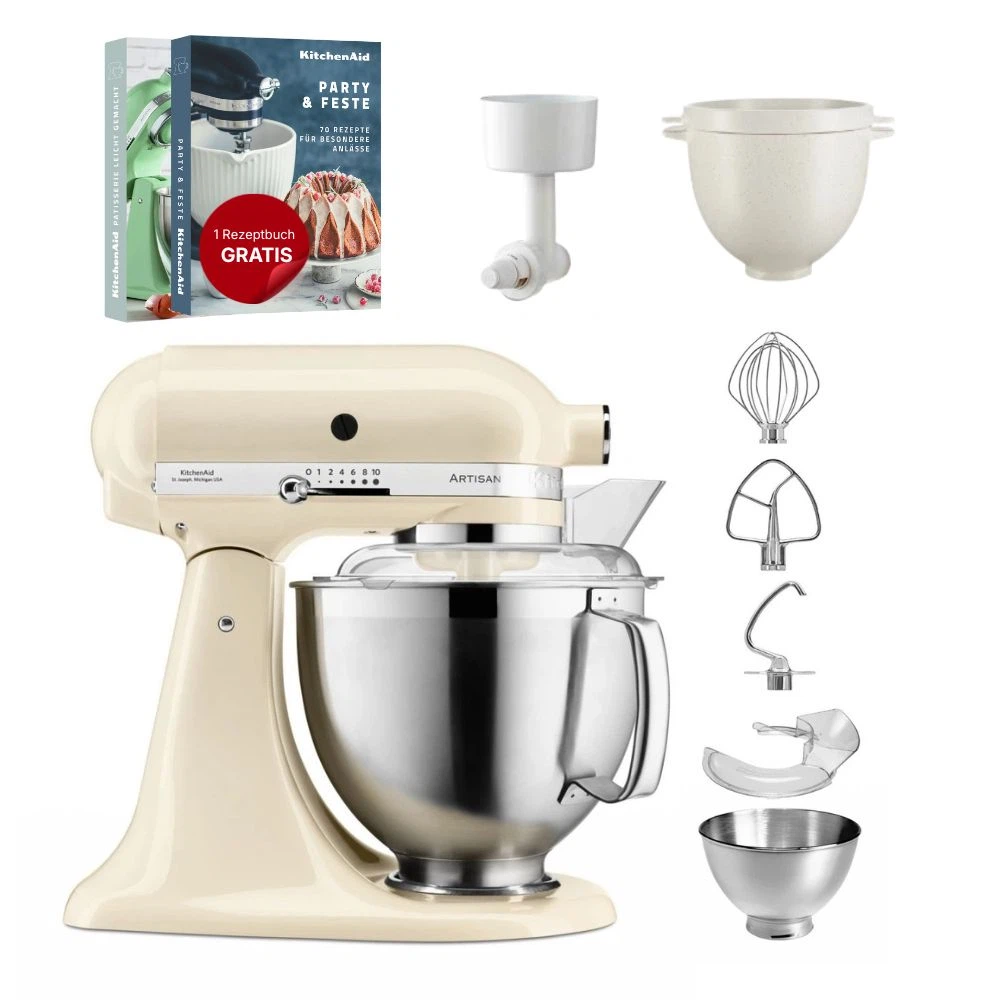 KitchenAid 4,8 L 5KSM185 Artisan Küchenmaschine Breadlover Messerschmidt Getreidemühlenvorsatz, Brotbackschüssel-Crème
