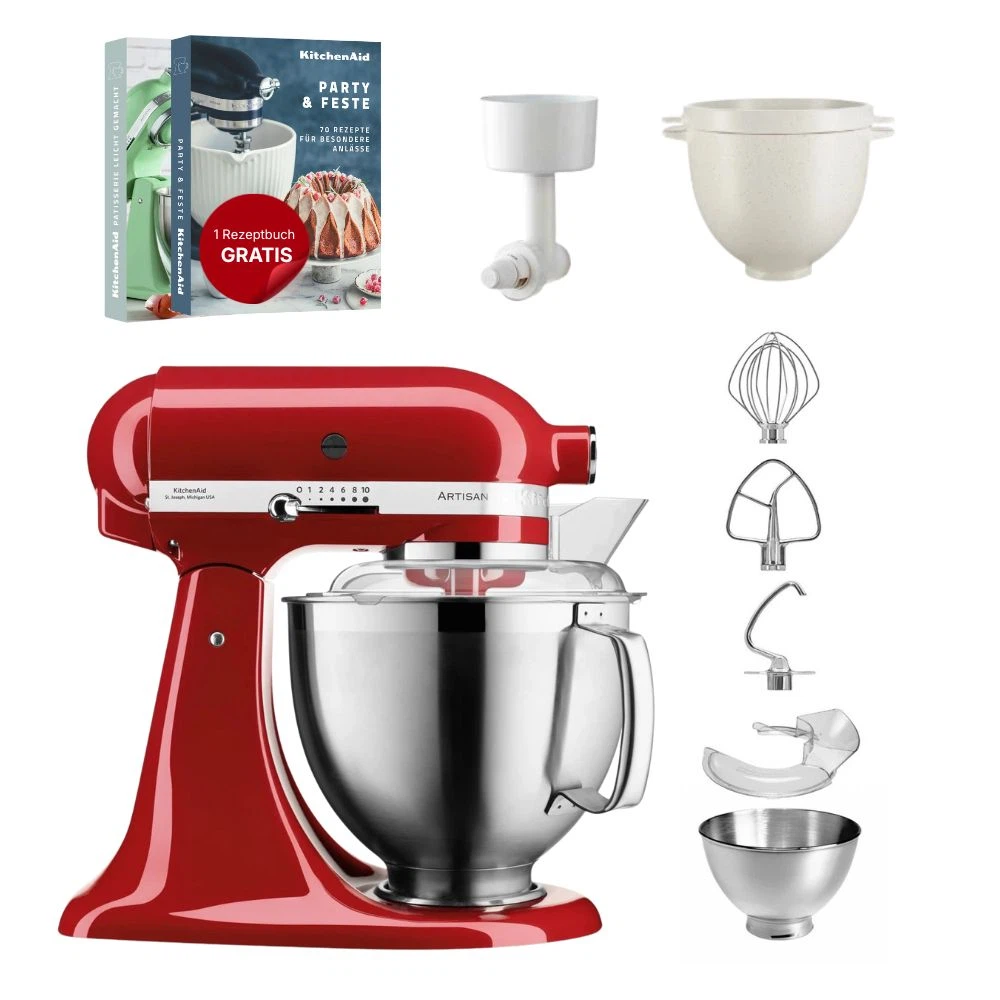 KitchenAid 4,8 L 5KSM185 Artisan Küchenmaschine Breadlover Messerschmidt Getreidemühlenvorsatz, Brotbackschüssel-Empire Rot