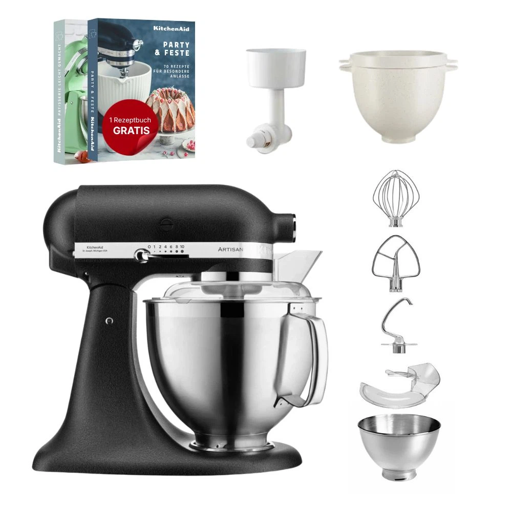 KitchenAid 4,8 L 5KSM185 Artisan Küchenmaschine Breadlover Messerschmidt Getreidemühlenvorsatz, Brotbackschüssel-Gusseisen Schwarz