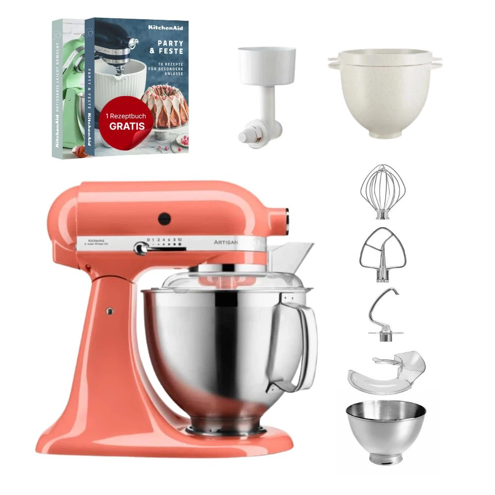 KitchenAid 4,8 L 5KSM185 Artisan Küchenmaschine Breadlover Messerschmidt Getreidemühlenvorsatz, Brotbackschüssel-Koralle