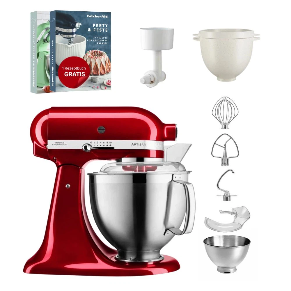 KitchenAid 4,8 L 5KSM185 Artisan Küchenmaschine Breadlover Messerschmidt Getreidemühlenvorsatz, Brotbackschüssel-Liebesapfelrot