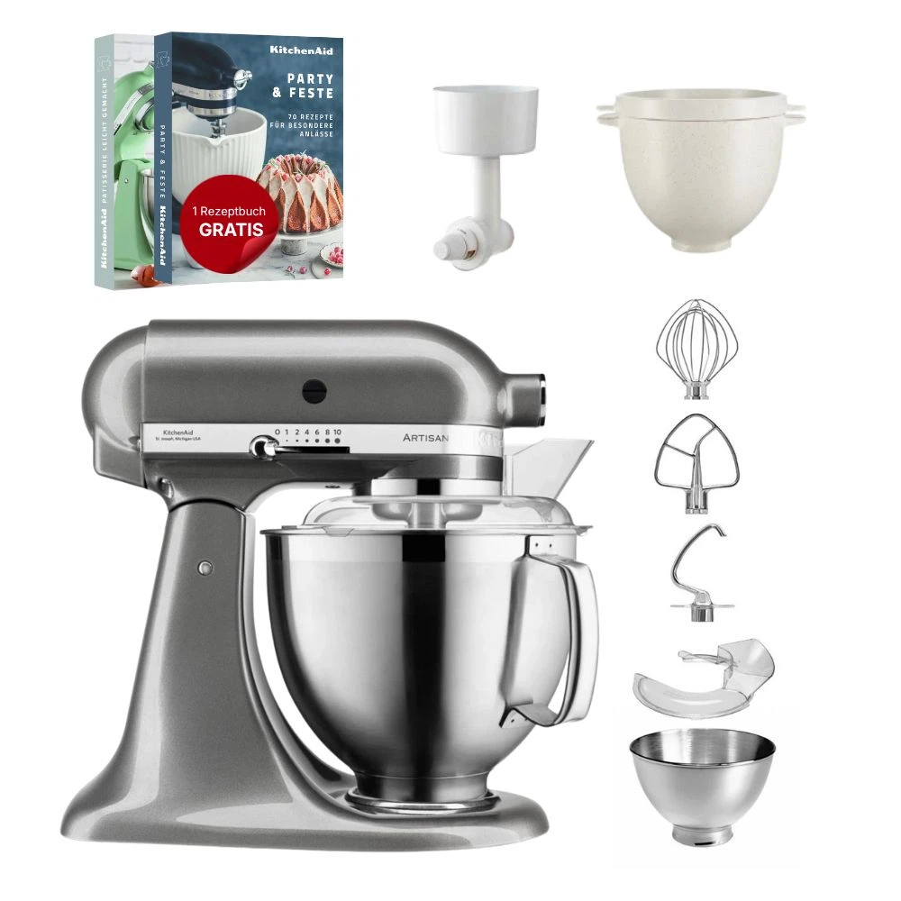 KitchenAid 4,8 L 5KSM185 Artisan Küchenmaschine Breadlover Messerschmidt Getreidemühlenvorsatz, Brotbackschüssel-Medaillon Silber