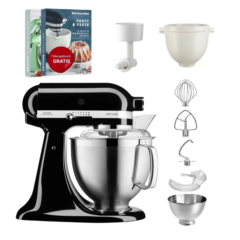 KitchenAid 4,8 L 5KSM185 Artisan Küchenmaschine Breadlover Messerschmidt Getreidemühlenvorsatz, Brotbackschüssel-Onyx Schwarz
