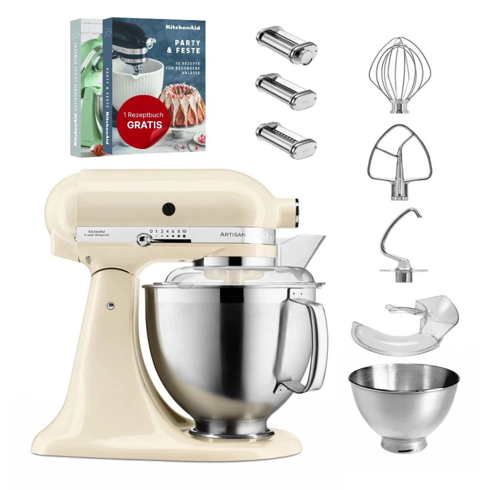 KitchenAid 4,8 L 5KSM185 Artisan Küchenmaschine Pastalover 3er Nudelwalzenset-Crème