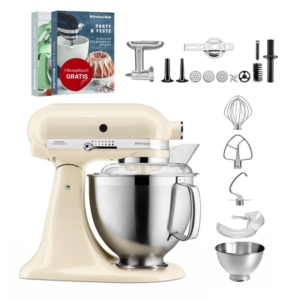 KitchenAid 4,8 L 5KSM185 Artisan Küchenmaschine Meatlover Metallfleischwolf 5KSMMGA Gr. 8 und Spritzgebäckvorsatz-Crème