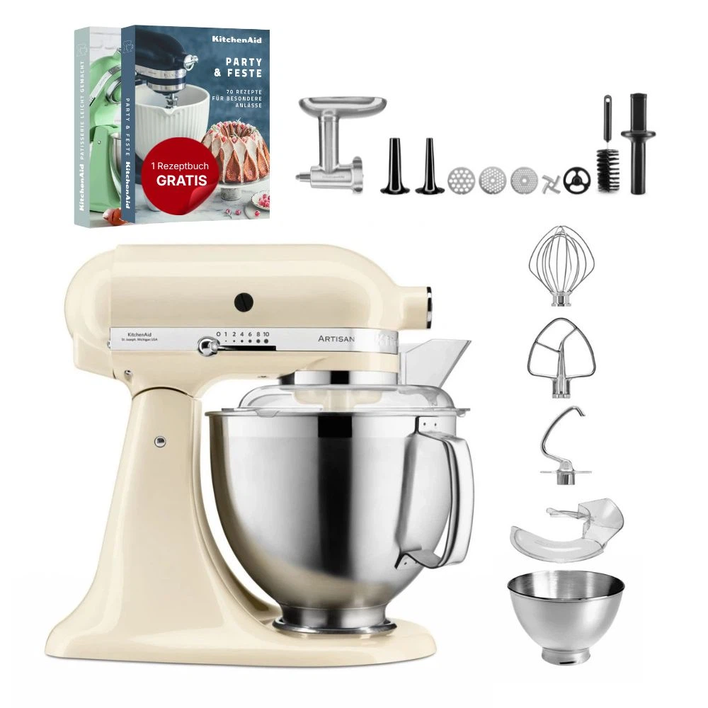 KitchenAid 4,8 L 5KSM185 Artisan Küchenmaschine Meatlover Metallfleischwolf 5KSMMGA Gr. 8-Crème