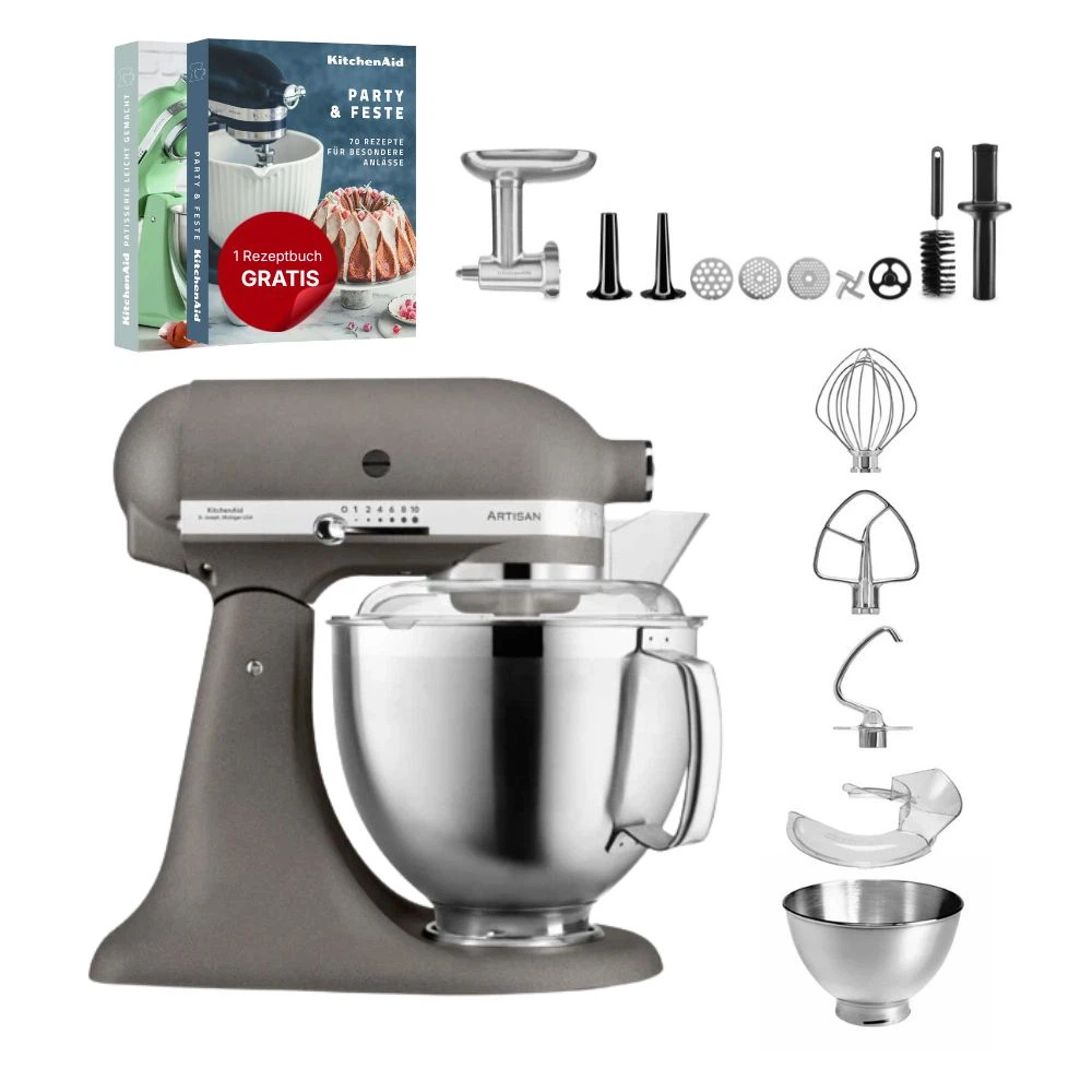 KitchenAid 4,8 L 5KSM185 Artisan Küchenmaschine Meatlover Metallfleischwolf 5KSMMGA Gr. 8-Imperial Grey