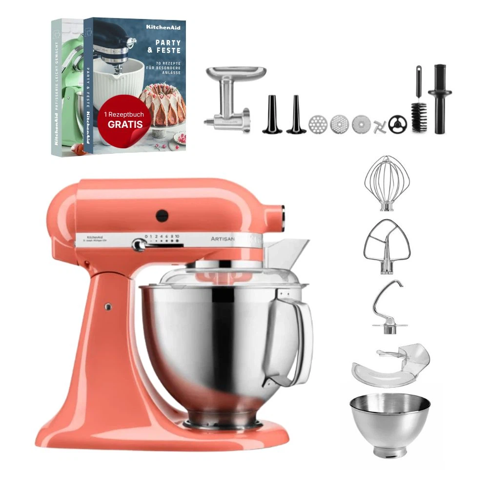 KitchenAid 4,8 L 5KSM185 Artisan Küchenmaschine Meatlover Metallfleischwolf 5KSMMGA Gr. 8-Koralle