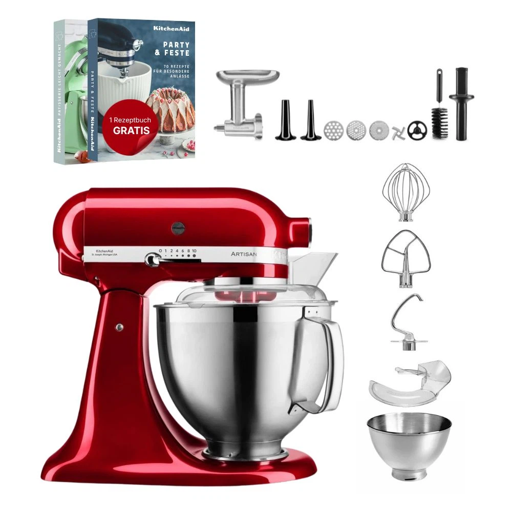 KitchenAid 4,8 L 5KSM185 Artisan Küchenmaschine Meatlover Metallfleischwolf 5KSMMGA Gr. 8-Liebesapfel Rot