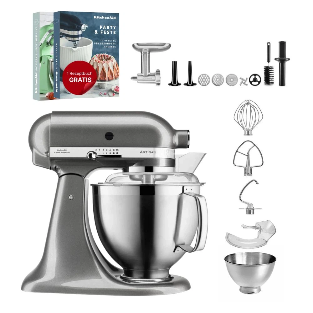 KitchenAid 4,8 L 5KSM185 Artisan Küchenmaschine Meatlover Metallfleischwolf 5KSMMGA Gr. 8-Medaillon Silber