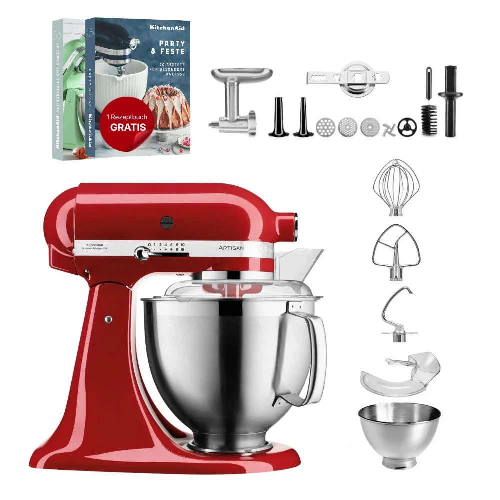KitchenAid 4,8 L 5KSM185 Artisan Küchenmaschine Meatlover Metallfleischwolf 5KSMMGA Gr. 8 und Spritzgebäckvorsatz-Empire Rot