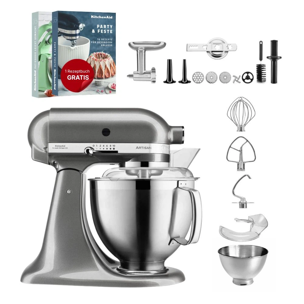 KitchenAid 4,8 L 5KSM185 Artisan Küchenmaschine Meatlover Metallfleischwolf 5KSMMGA Gr. 8 und Spritzgebäckvorsatz-Medaillon Silber